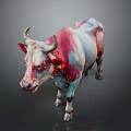 Pink and white cow with unique coloration standing against dark background