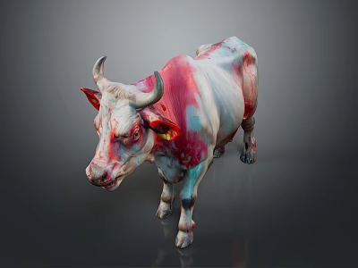 Pink and white cow with unique coloration standing against dark background 3d model