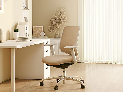 White Home Office Desk With Beige Chair Green Plant Photo Frame And Wooden Floor 3d model