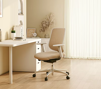 White Home Office Desk With Beige Chair Green Plant Photo Frame And Wooden Floor 3d model