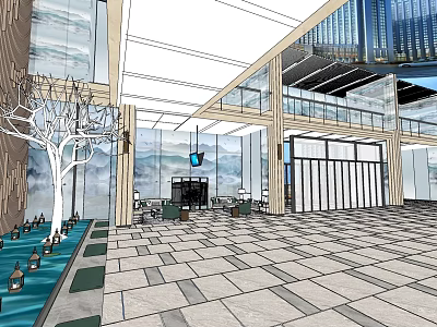 Modern Hotel Lobby Interior With Glass Curtain Wall And Marble Flooring 3d model