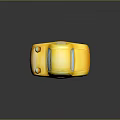 Yellow Toy Car With Blue Wheels And Orange Headlights On Reflective Surface