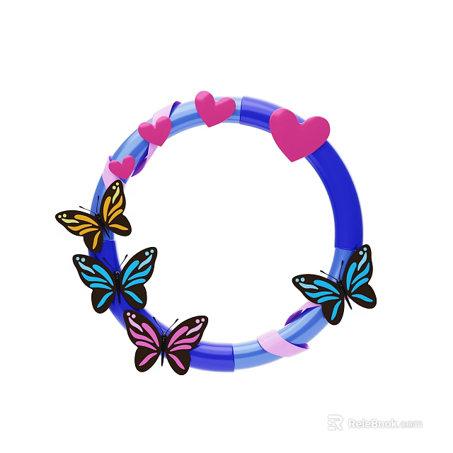 Colorful Decorative Ornament Set with Blue Circular Ring Pink Hearts and Butterflies 3d model 