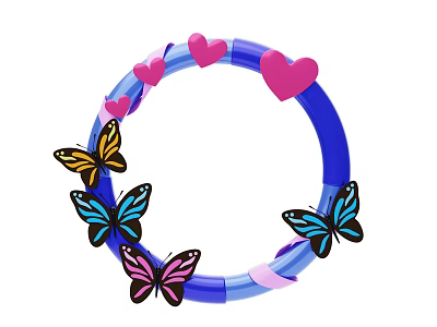 Colorful Decorative Ornament Set with Blue Circular Ring Pink Hearts and Butterflies 3d model