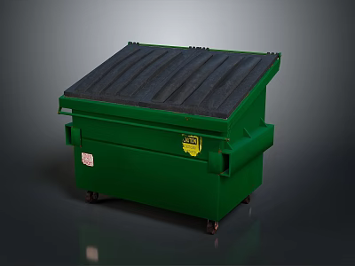 Green Wheeled Trash Bin With Black Lid And Warning Label 3d model