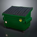 Green Wheeled Trash Bin With Black Lid And Warning Label