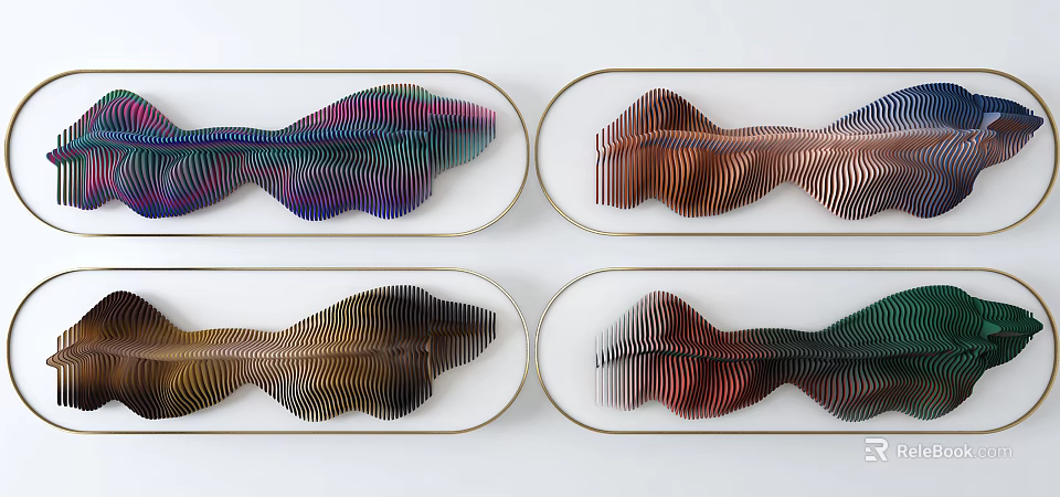 Modern Wall Decor with Oval Frames Golden Borders and Colorful Wavy Stripes Design 3d model