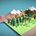 3D Cartoon Scene Featuring Green Grass Yellow Green Trees And Snow Capped Brown Pink Mountains