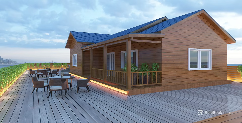 Wooden House With Blue Roof And Spacious Deck Featuring Outdoor Tables Chairs And Plants 3d model 