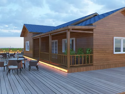 Wooden House With Blue Roof And Spacious Deck Featuring Outdoor Tables Chairs And Plants 3d model