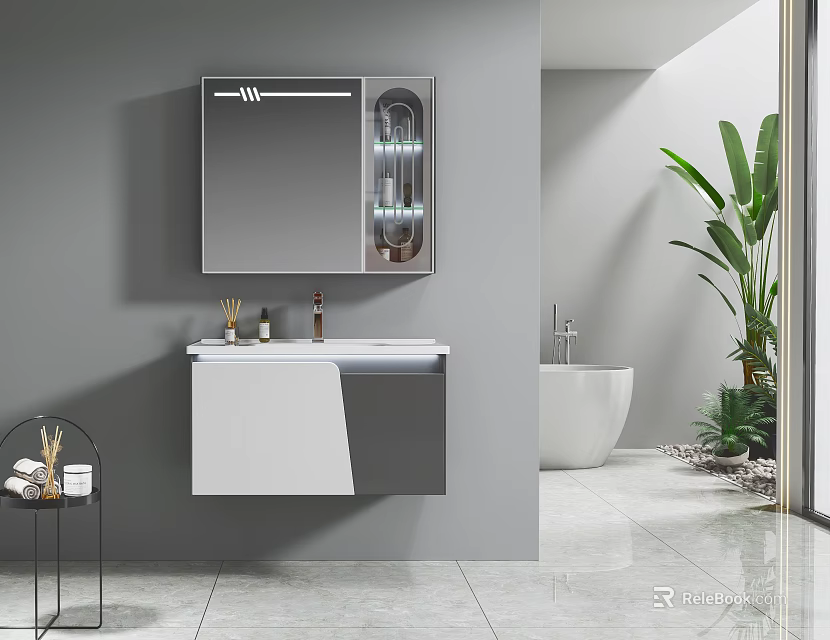Modern Bathroom Vanity With Backlit Mirror Cabinet Toiletries And Potted Plant 3d model 