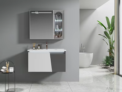 Modern Bathroom Vanity With Backlit Mirror Cabinet Toiletries And Potted Plant 3d model