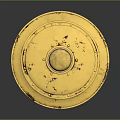 Ancient Golden Circular Shield With Decorations And Worn Marks On Gray Background