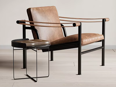 Modern Brown Leather Accent Chair With Black Metal Frame Curved Armrests And Side Table 3d model