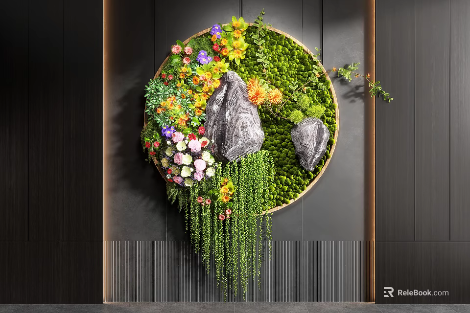 Circular Wall Decoration With Green Plants Colorful Flowers Stones And Hanging Vines 3d model 