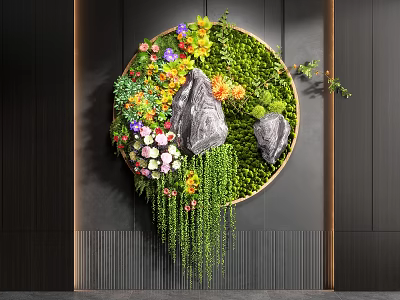 Circular Wall Decoration With Green Plants Colorful Flowers Stones And Hanging Vines 3d model