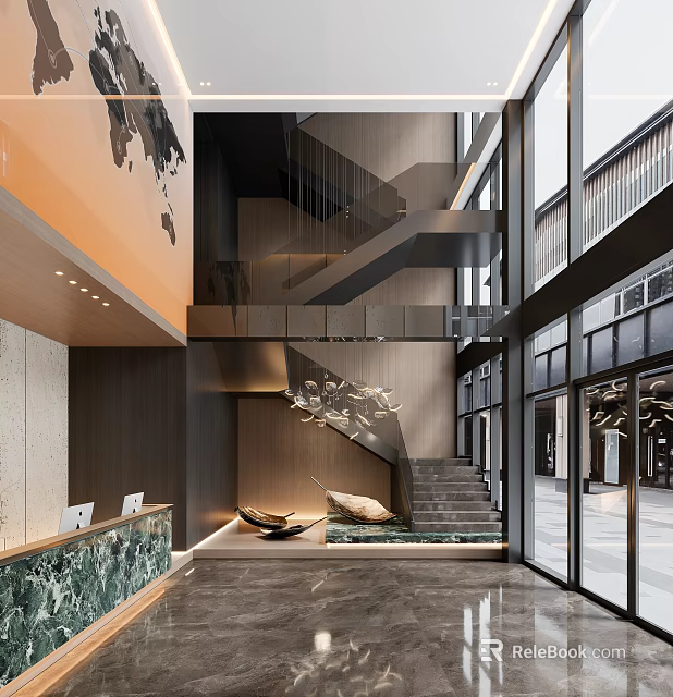 Modern Reception Area Interior Design With Sculpture Staircase And Glass Windows 3d model 