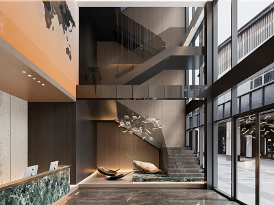 Modern Reception Area Interior Design With Sculpture Staircase And Glass Windows 3d model