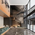 Modern Reception Area Interior Design With Sculpture Staircase And Glass Windows