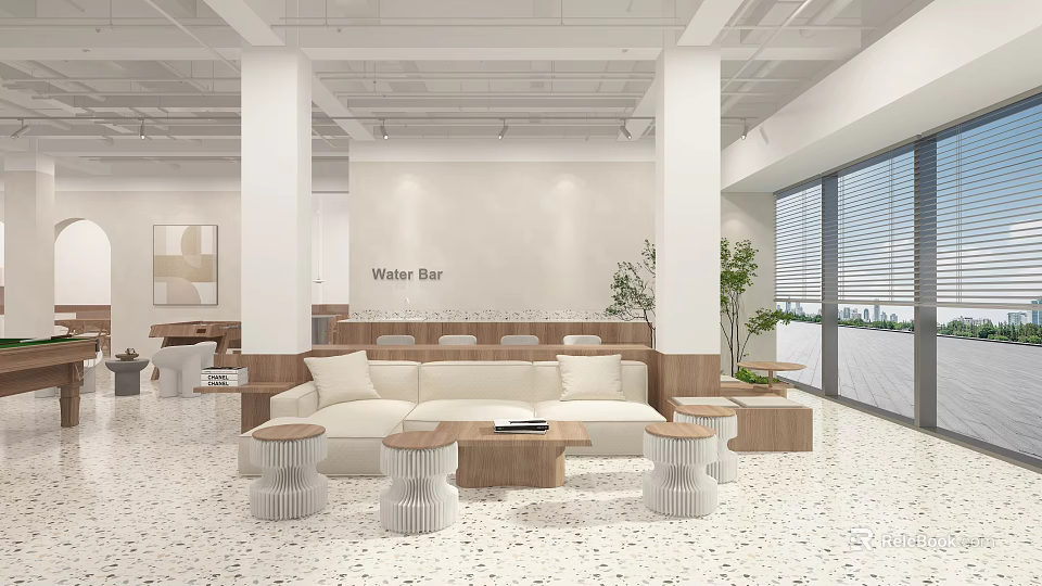 Modern Water Bar Interior Design With White Sofa Coffee Tables Green Plants And Large Windows 3d model 