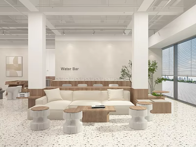 Modern Water Bar Interior Design With White Sofa Coffee Tables Green Plants And Large Windows 3d model