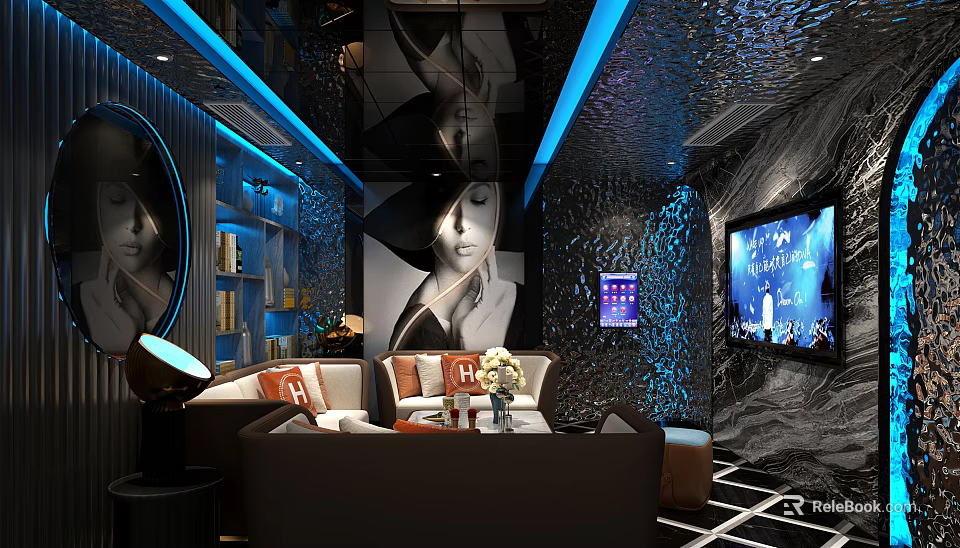 Luxurious KTV Lounge Interior With Comfortable Seating LED Lighting And Large TV Screen 3d model 