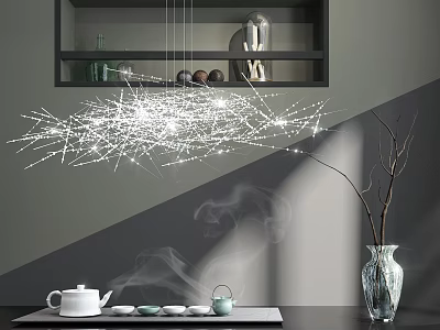 Cozy Tea Table and Chairs With Teapot Teacups Steam Branch Chandelier and Gray Wall 3d model