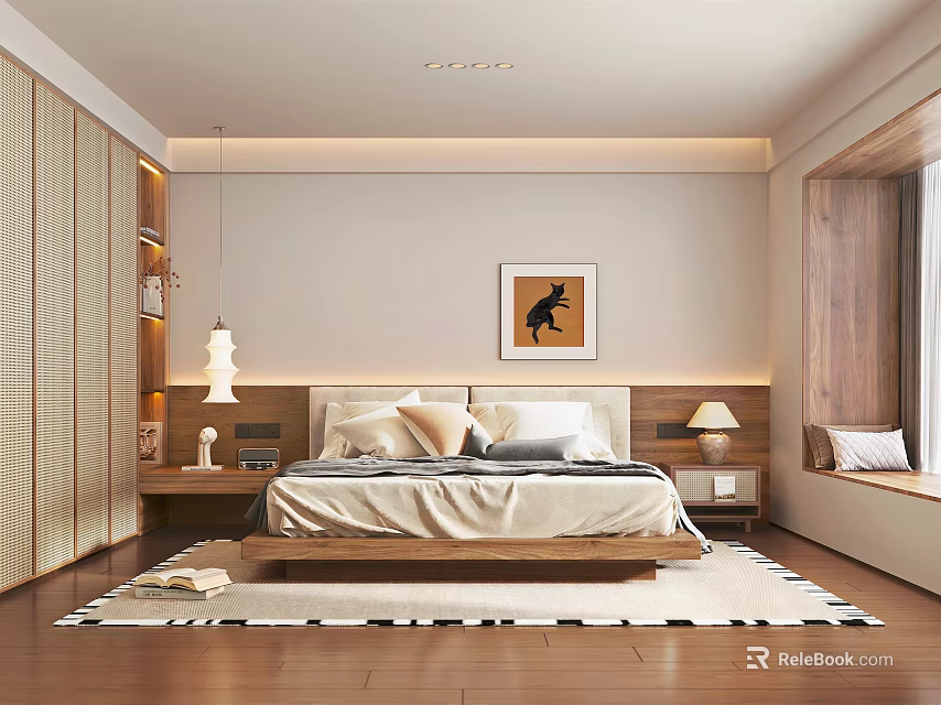 Modern Bedroom Interior With Wooden Bed Nightstands Decorative Painting Window Nook And Area Rug 3d model 