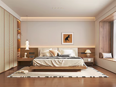 Modern Bedroom Interior With Wooden Bed Nightstands Decorative Painting Window Nook And Area Rug 3d model