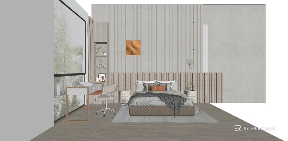 Modern Bedroom Interior With Background Double Bed Wooden Headboard And Decorative Painting 3d model 