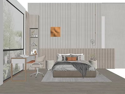 Modern Bedroom Interior With Background Double Bed Wooden Headboard And Decorative Painting 3d model