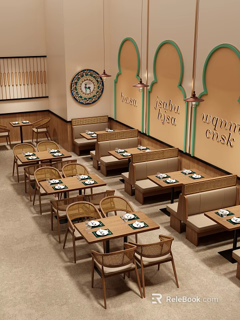 Cozy Restaurant Interior With Wooden Tables Booth Seating And Decorative Wall Art 3d model 