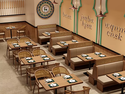Cozy Restaurant Interior With Wooden Tables Booth Seating And Decorative Wall Art 3d model