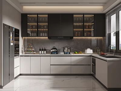 Modern Kitchen Interior With Glass Door Cabinets Dark Light Cabinets Stone Countertop And Appliances 3d model