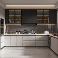Modern Kitchen Interior With Glass Door Cabinets Dark Light Cabinets Stone Countertop And Appliances