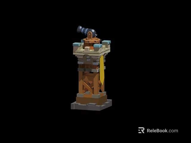 Cartoon Watchtower Scene With Stone Brick Structure Wooden Details Telescope On Top And Yellow Flag 3d model 