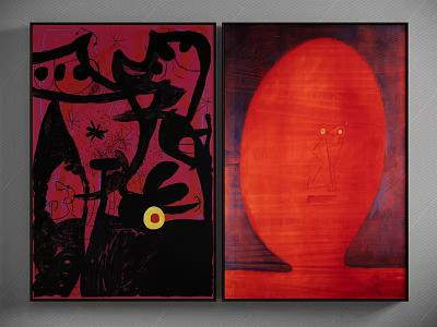 Abstract Wall Art With Pink Red Backgrounds Black Patterns And Yellow Elements 3d model