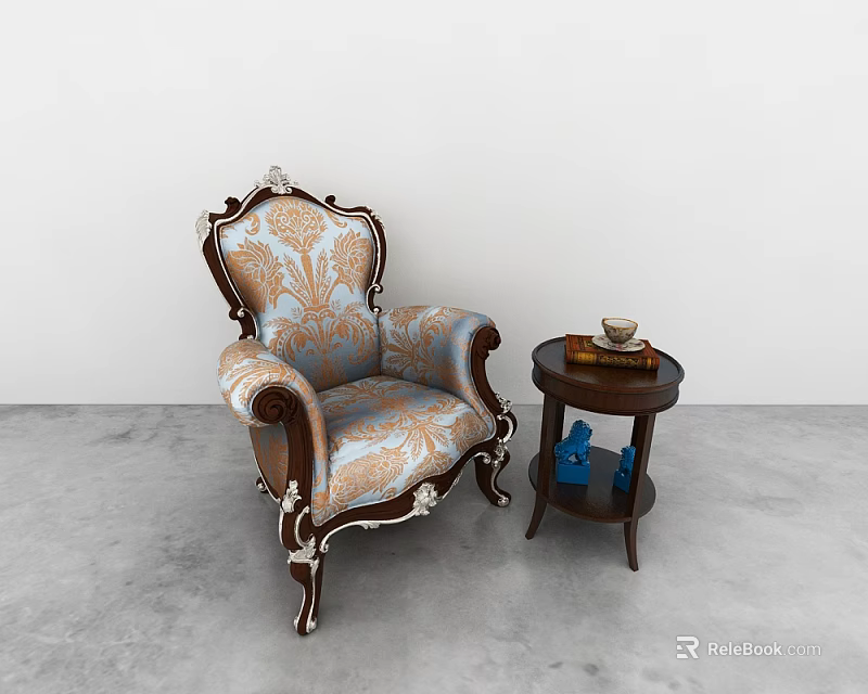 Classic Carved Chaise Lounge With Blue And White Floral Fabric And Round Side Table 3d model 
