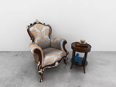Classic Carved Chaise Lounge With Blue And White Floral Fabric And Round Side Table 3d model
