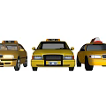 Three Yellow Taxi Cars With Roof Signs And Classic Exterior Designs