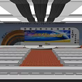 Colorful Stage Setup With Rainbow Decoration Large Screen And Audience Seats