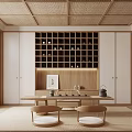 Traditional Japanese Tea Room Interior With Woven Bamboo Ceiling Tatami Floor And Wooden Grid Cabinet