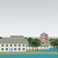 Architectural Layout Of Multiple Buildings With Gray Rooftops Around Water Area And Green Spaces
