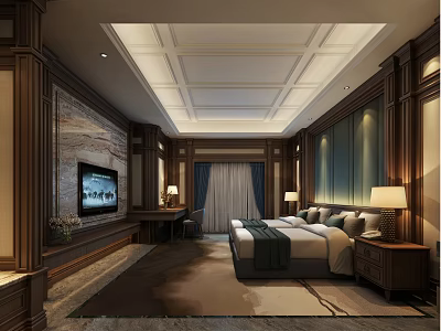 Hotel Guest Room With Wooden Decor Large Bed TV Table Lamps And Carpet 3d model