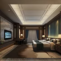 Hotel Guest Room With Wooden Decor Large Bed TV Table Lamps And Carpet