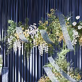 Modern Banquet Hall With Dark Blue Curtains And Metal Circular Floral Decorations