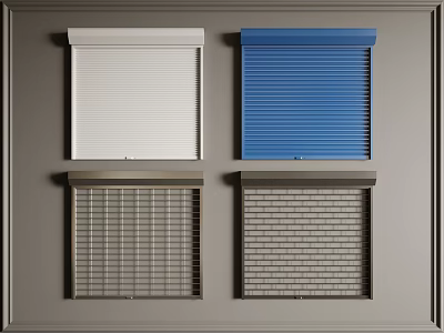 Four Different Styles Colors Materials Folding Doors Installed On Grey Wall For Home 3d model