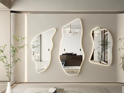 Three Irregular Shaped Mirrors Illuminated on Wall in Modern Interior With Plants and Minimalist Design 3d model