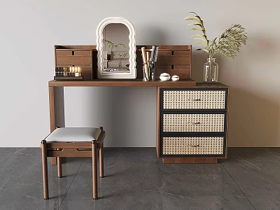 Wooden Dressing Table With Rattan Drawers Mirror Stool And Decorative Plants 3d model