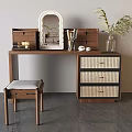 Wooden Dressing Table With Rattan Drawers Mirror Stool And Decorative Plants